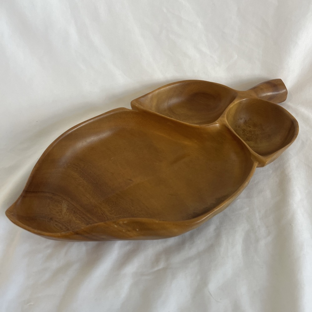 Monkey Pod Hawaii Wooden Divided Dish Platter Plate Appetizer Snack Relish Leaf